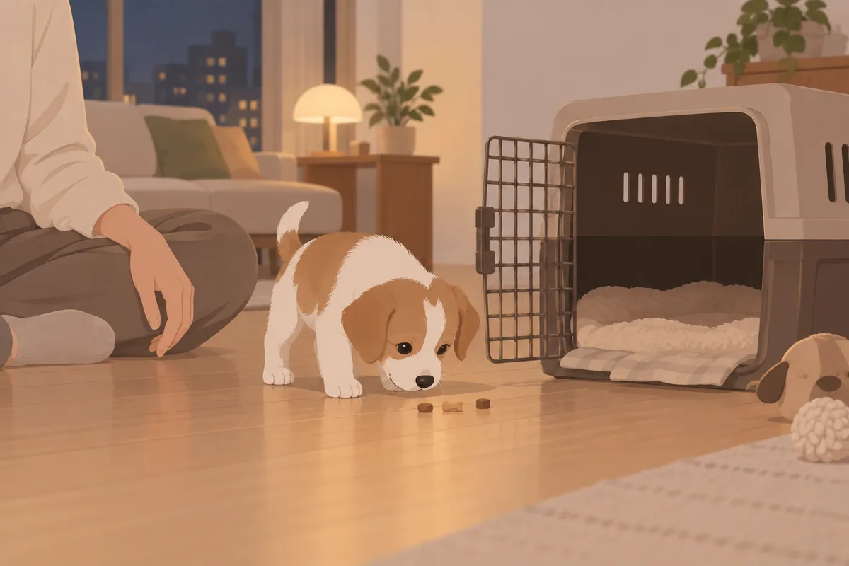저녁의 조용한 거실에서 켄넬 문이 넓게 열려 있고 어린 우리 아이가 입구 가까운 바닥의 작은 간식을 살피는 장면. 보호자님의 손은 옆 바닥에 편히 놓여 있으며 우리 아이를 잡거나