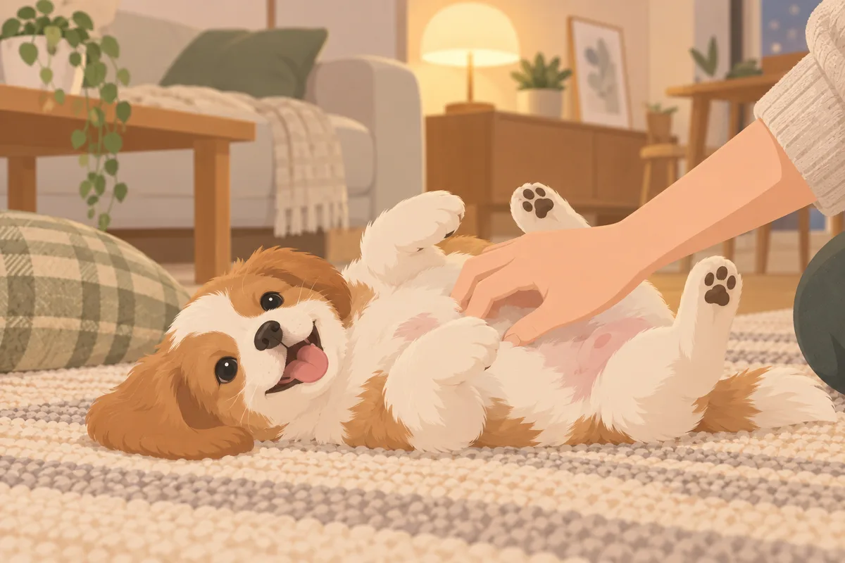거실 러그 위에 배를 보이고 누운 강아지에게 사람 한 손이 조심스럽게 다가가 장난치는 장면, 손과 팔만 보이고 얼굴은 없음, 따뜻한 조명과 느긋한 분위기