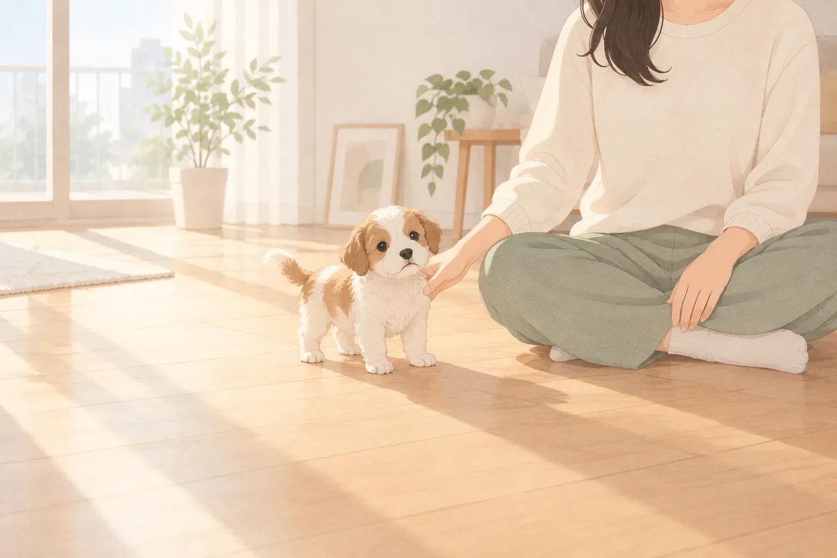 어린 우리 아이가 실내 바닥에 서 있고 옆에 앉은 사람의 한 손이 몸의 한 부위에 가볍게 닿아 있는 장면. 다른 손은 사람의 무릎 위에 놓여 있으며 우리 아이 주변은 트여 있다.