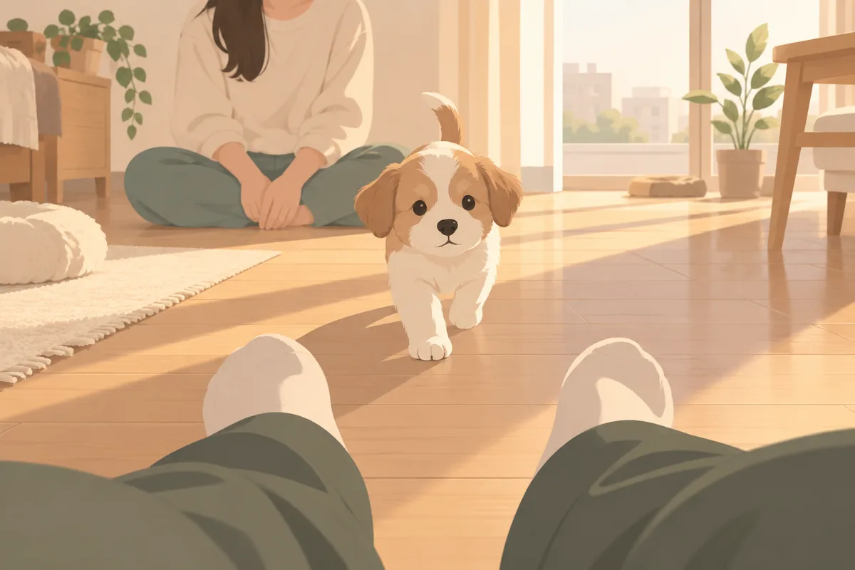 인사를 마친 어린 우리 아이가 바닥에 앉은 사람에게서 돌아서 보호자님의 다리 쪽으로 걸어가는 장면. 뒤에 있는 사람의 손은 무릎에 편안하게 놓여 있고 사람들의 얼굴은 보이지 않는다