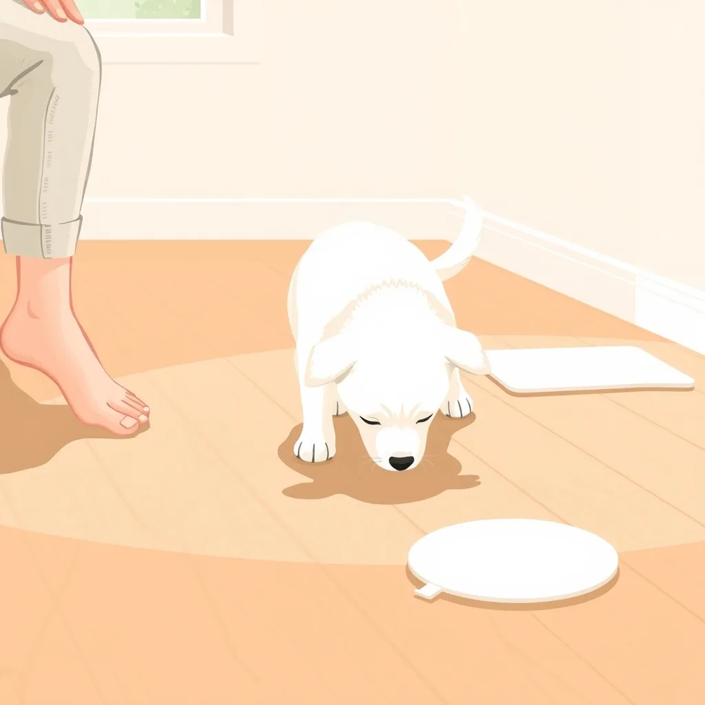 나무 바닥 위에서 작은 흰색 강아지가 코를 바닥에 대고 킁킁거리며 원을 그리듯 도는 장면. 강아지 옆에는 보호자의 무릎과 손만 살짝 보이고, 가까이에 배변 패드가 놓여 있다. 아침